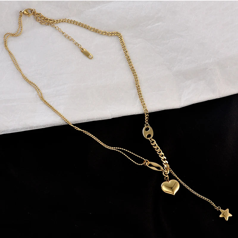 Long Heart & Star Pendant Necklace – 316L Stainless Steel Romantic Choker