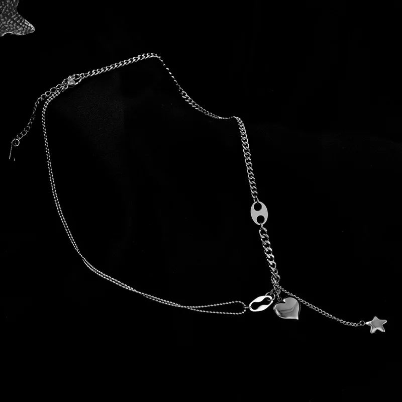 Long Heart & Star Pendant Necklace – 316L Stainless Steel Romantic Choker