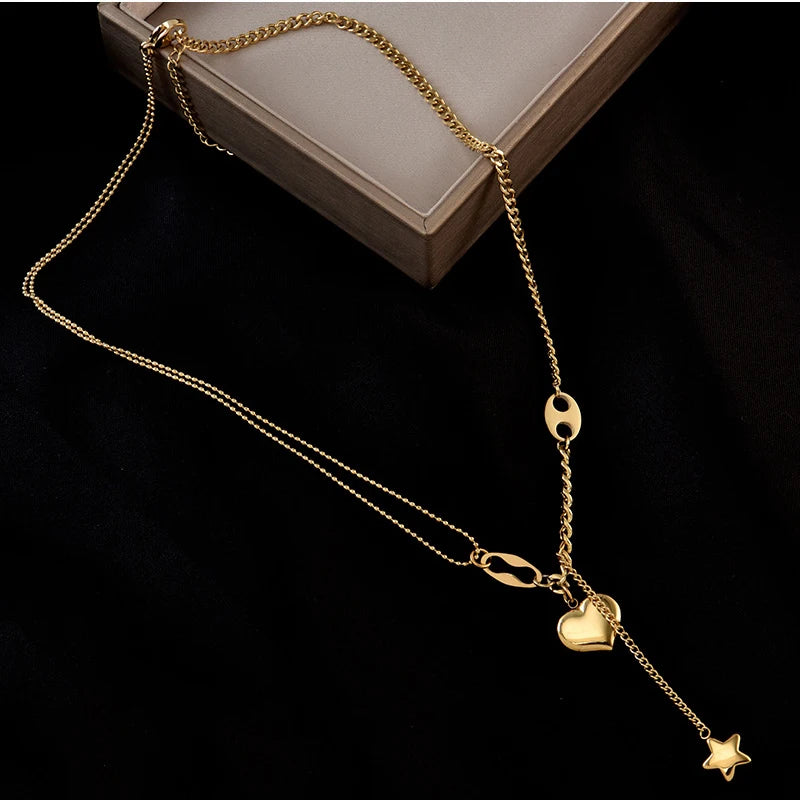 Long Heart & Star Pendant Necklace – 316L Stainless Steel Romantic Choker