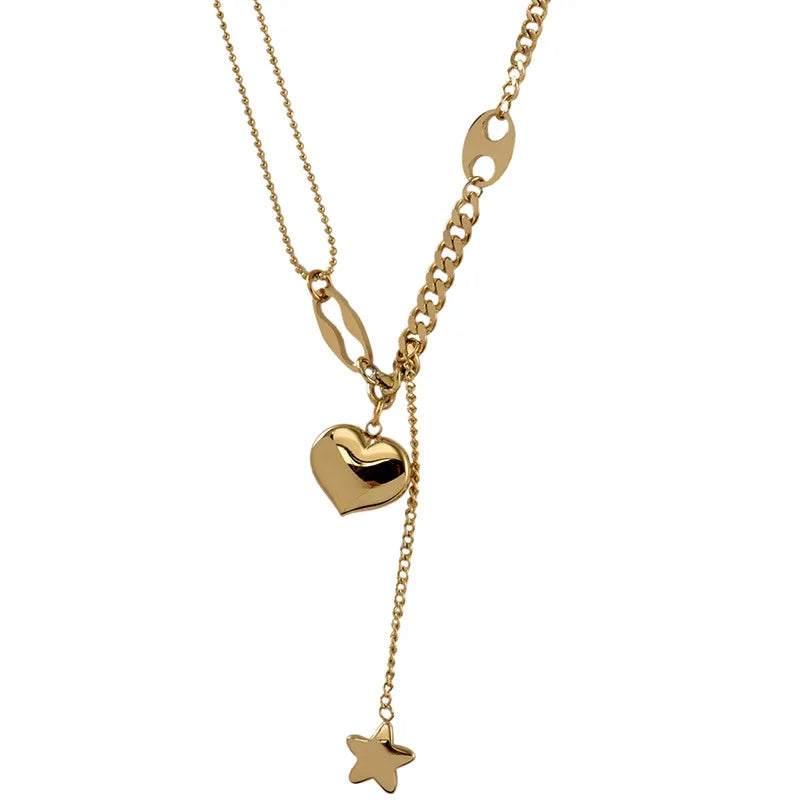 Long Heart & Star Pendant Necklace – 316L Stainless Steel Romantic Choker