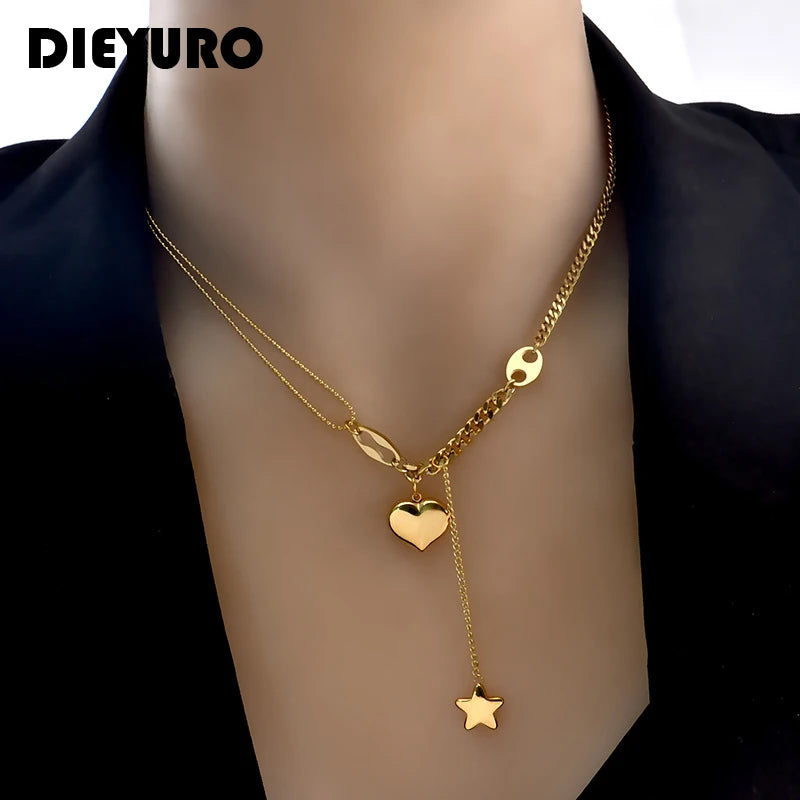 Long Heart & Star Pendant Necklace – 316L Stainless Steel Romantic Choker