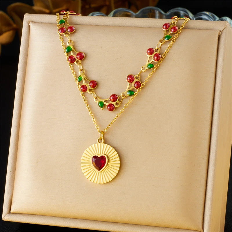 Stainless Steel Double-Layer Cherry & Heart Zircon Necklace