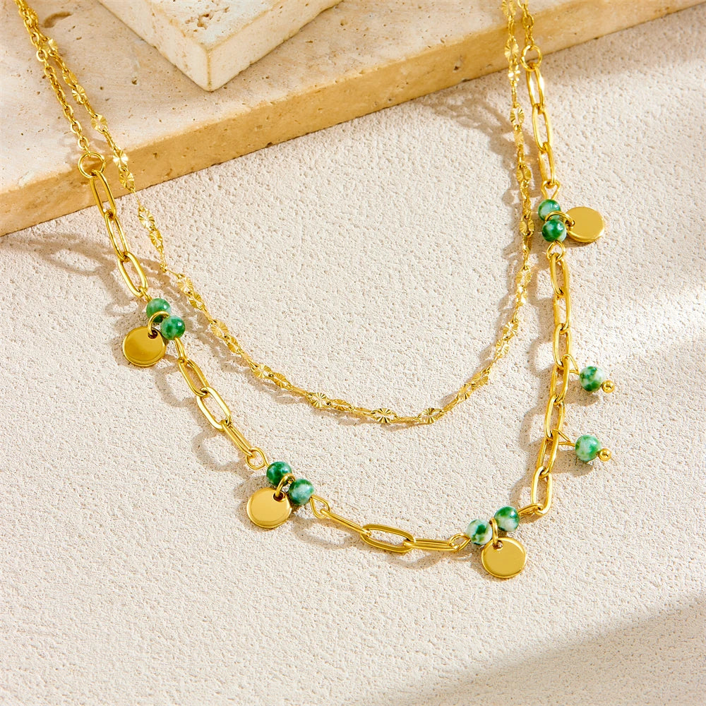 Green Stone Double Layer Necklace – 316L Stainless Steel