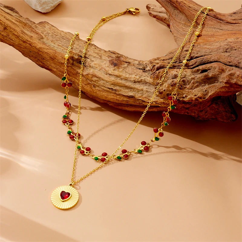 Stainless Steel Double-Layer Cherry & Heart Zircon Necklace