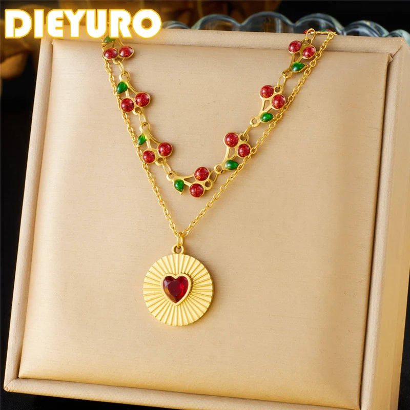 Stainless Steel Double-Layer Cherry & Heart Zircon Necklace