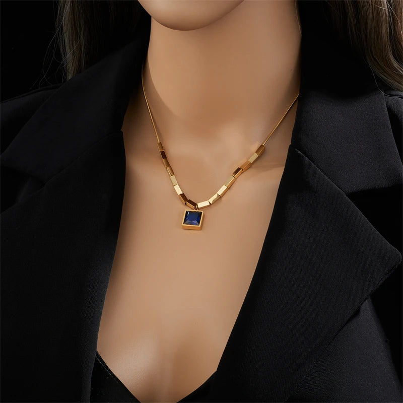 Stainless Steel Blue Zircon Square Pendant Necklace