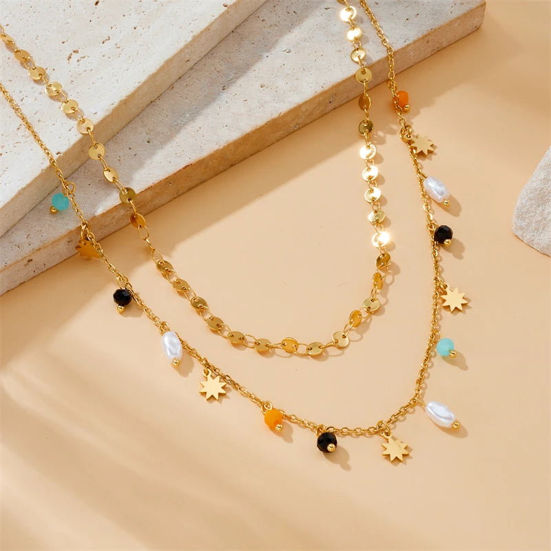Gold Star & Pearl Pendant Necklace – 316L Stainless Steel Geometric Jewelry