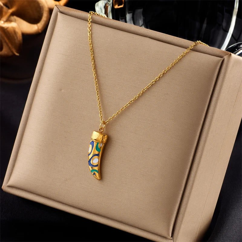 Stainless Steel Snake Necklace with Green Stone & Pearl