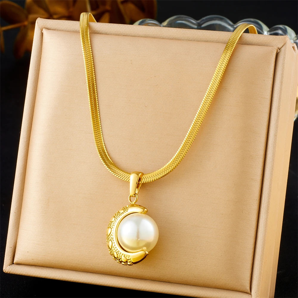 Golden Sun & Pearl Pendant Necklace – Irregular Geometric 316L Stainless Steel
