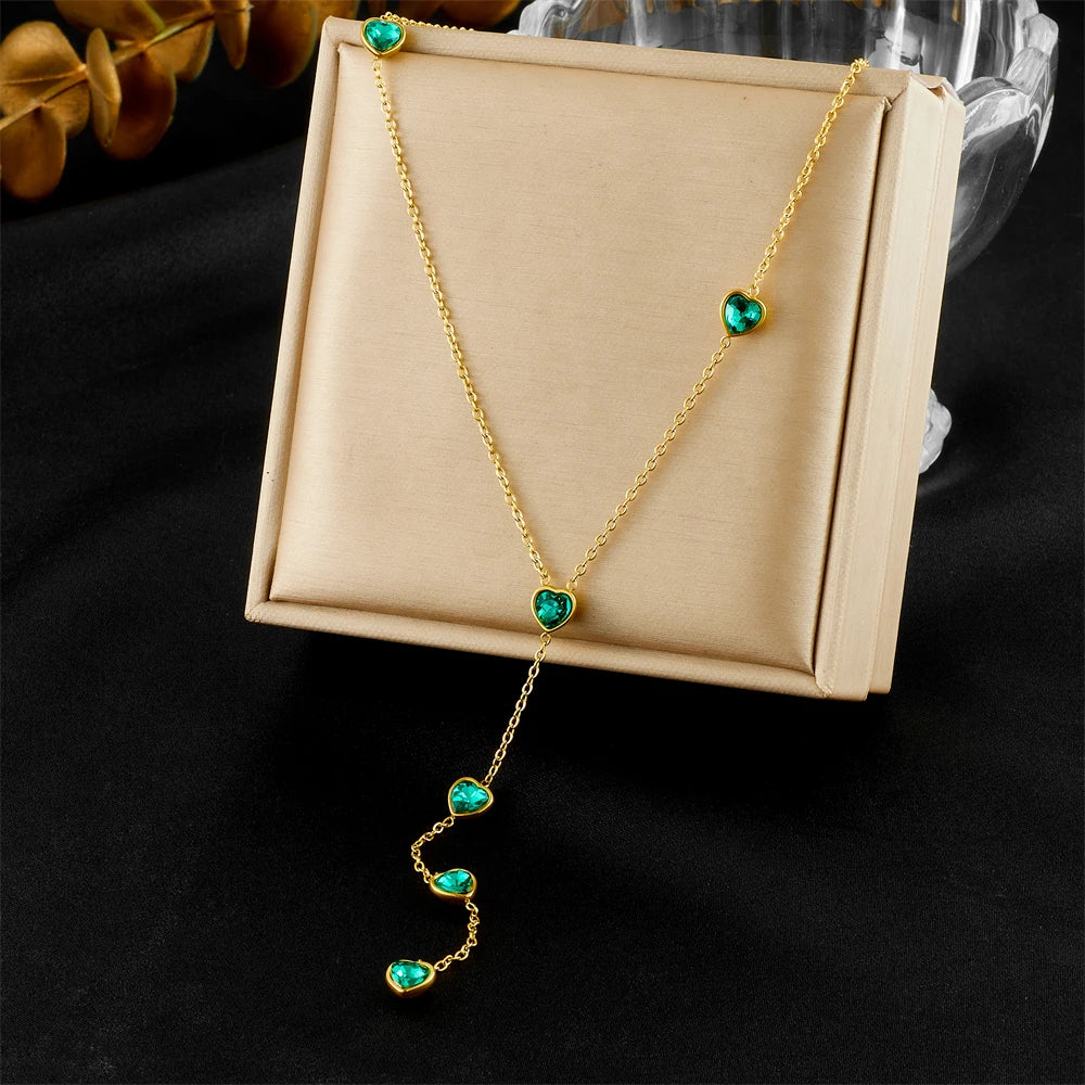 316L Stainless Steel Colorful Heart Zircon Fringe Necklace