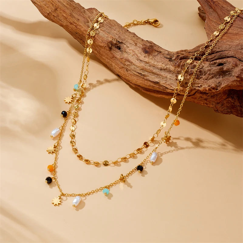 Gold Star & Pearl Pendant Necklace – 316L Stainless Steel Geometric Jewelry