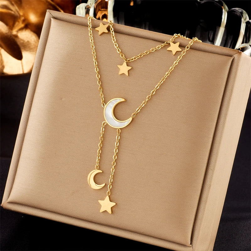 Stainless Steel Star & Moon Pendant Layered Necklace