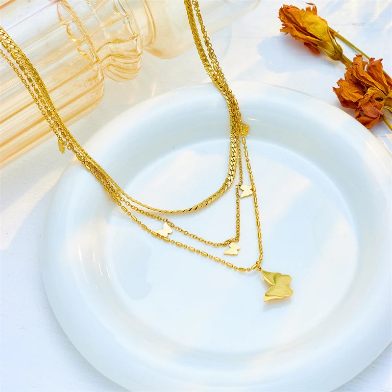 Stainless Steel Gold Multilayer Butterfly Necklace – 3-in-1