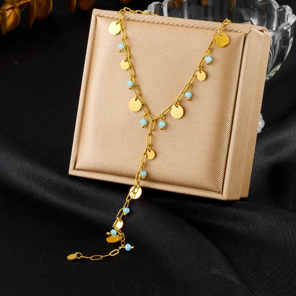 316L Stainless Steel Blue Heart Tassel Pendant Necklace