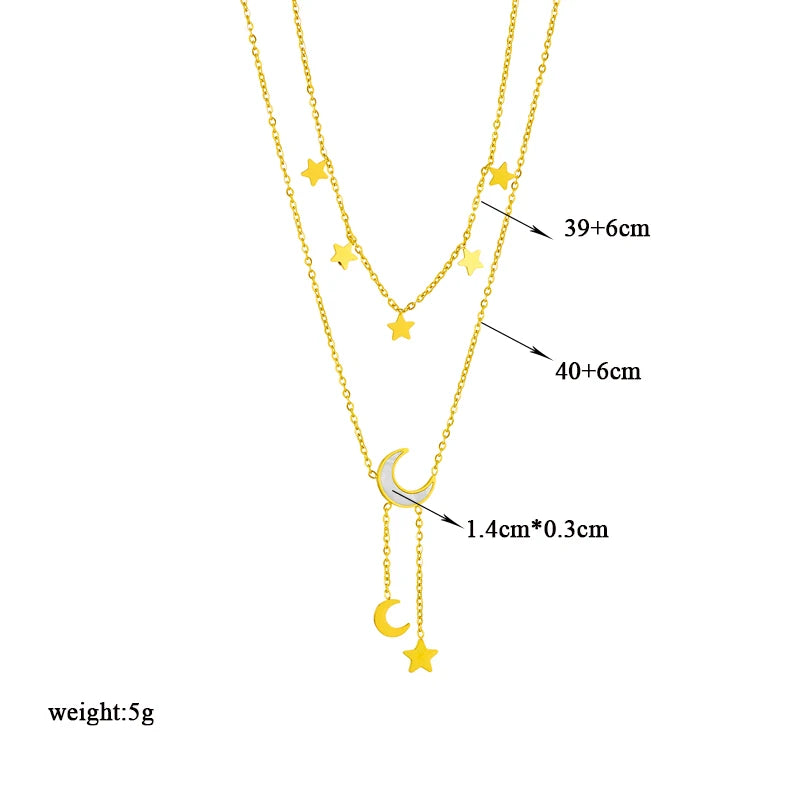 Stainless Steel Star & Moon Pendant Layered Necklace