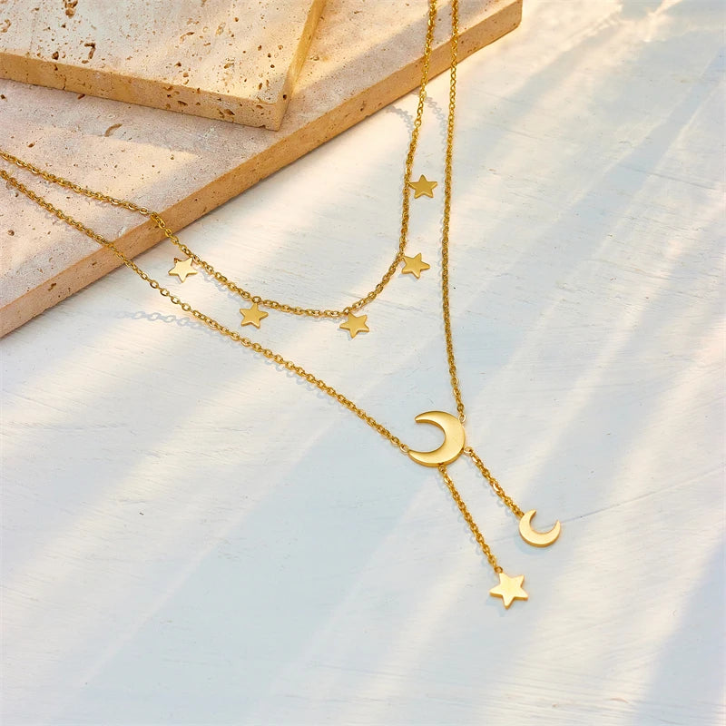 Stainless Steel Star & Moon Pendant Layered Necklace