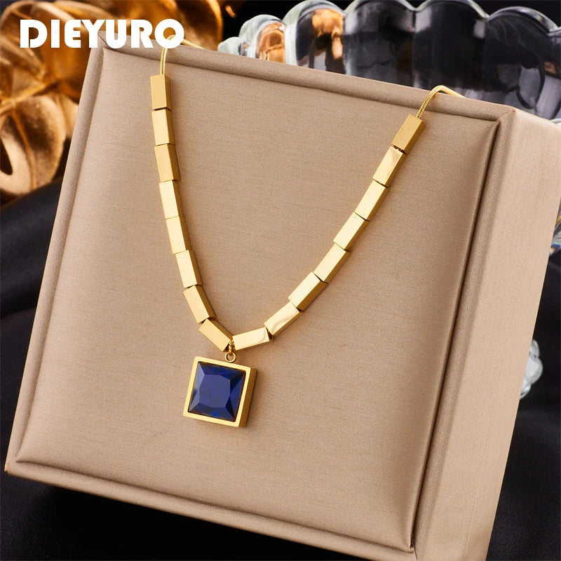 Stainless Steel Blue Zircon Square Pendant Necklace