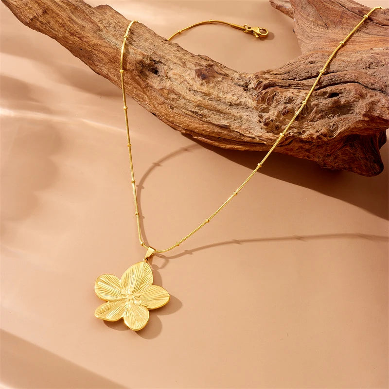 Stainless Steel Five-Leaf Flower Pendant Necklace
