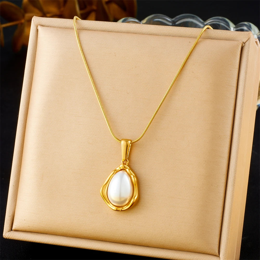 Golden Sun & Pearl Pendant Necklace – Irregular Geometric 316L Stainless Steel
