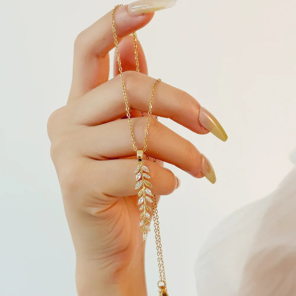 Gold Stainless Steel Leaf & Zircon Pendant Necklace