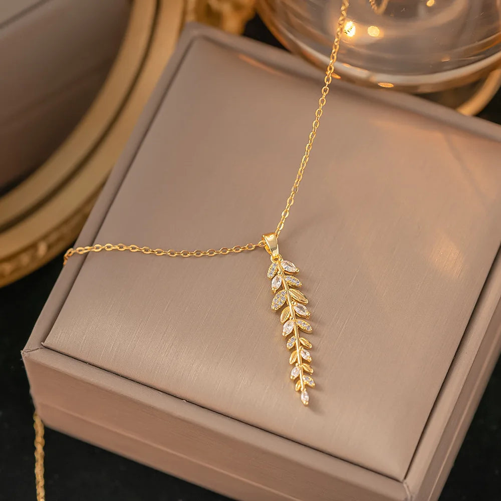 Gold Stainless Steel Leaf & Zircon Pendant Necklace