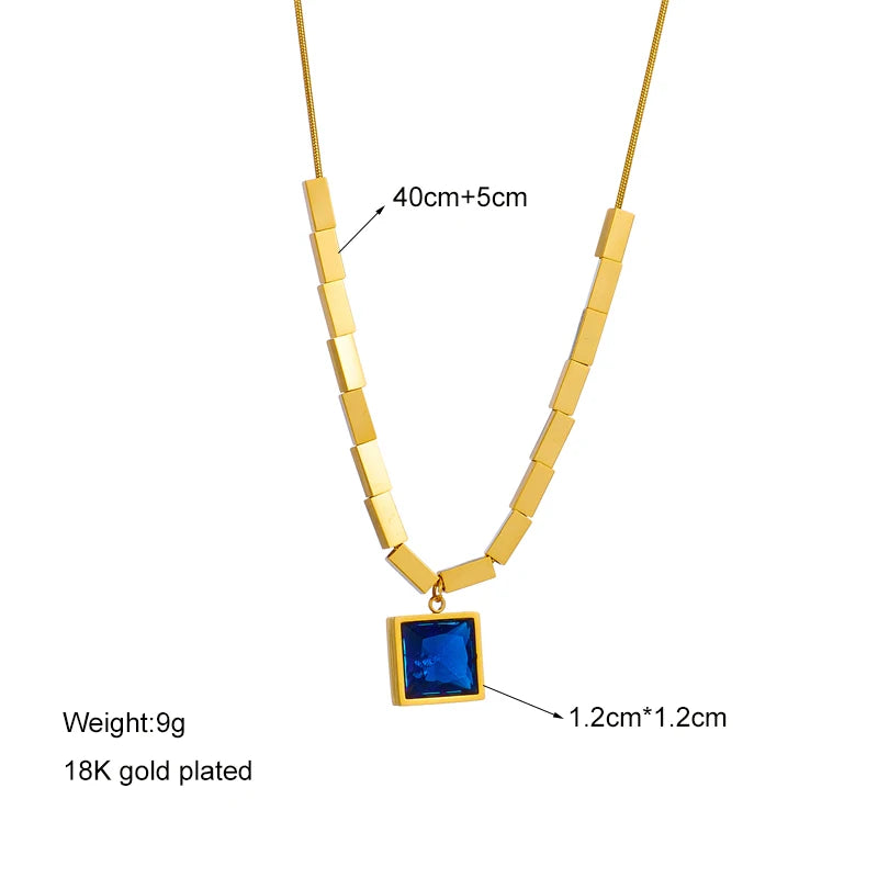 Stainless Steel Blue Zircon Square Pendant Necklace