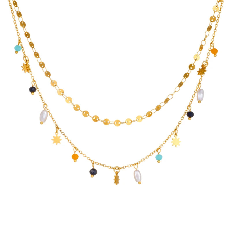 Gold Star & Pearl Pendant Necklace – 316L Stainless Steel Geometric Jewelry