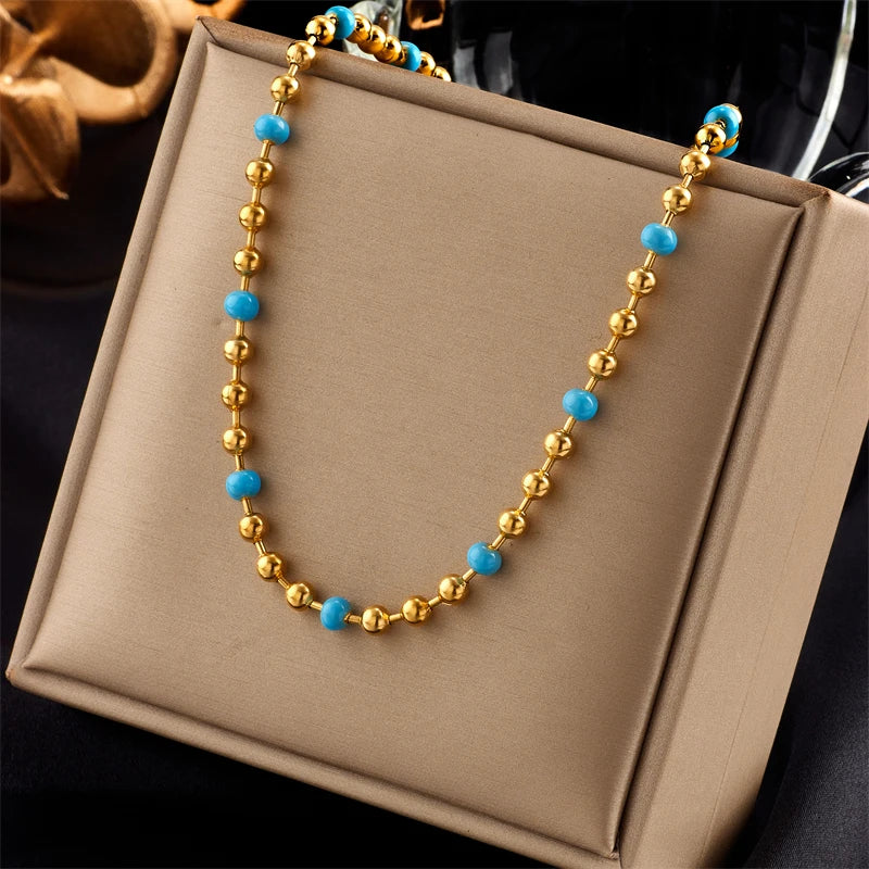 Stainless Steel Snake Necklace with Green Stone & Pearl