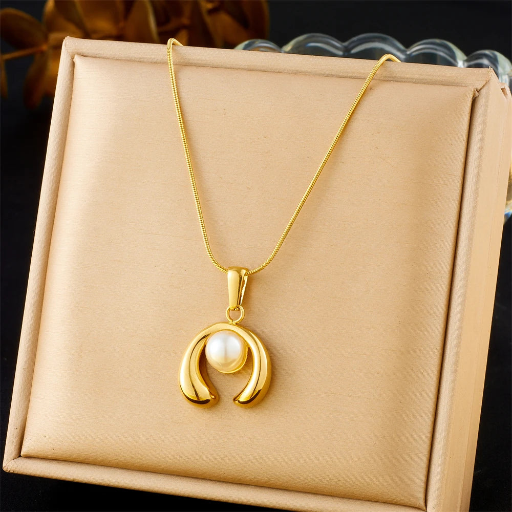 Golden Sun & Pearl Pendant Necklace – Irregular Geometric 316L Stainless Steel