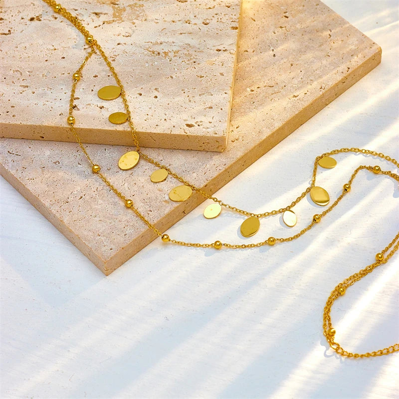 Gold Oval Pendant Necklace – 2-in-1 Layered 316L Stainless Steel