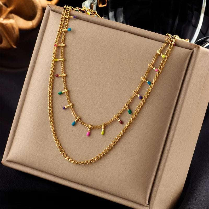 Stainless Steel Snake Necklace with Green Stone & Pearl