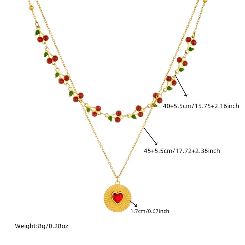 Stainless Steel Double-Layer Cherry & Heart Zircon Necklace