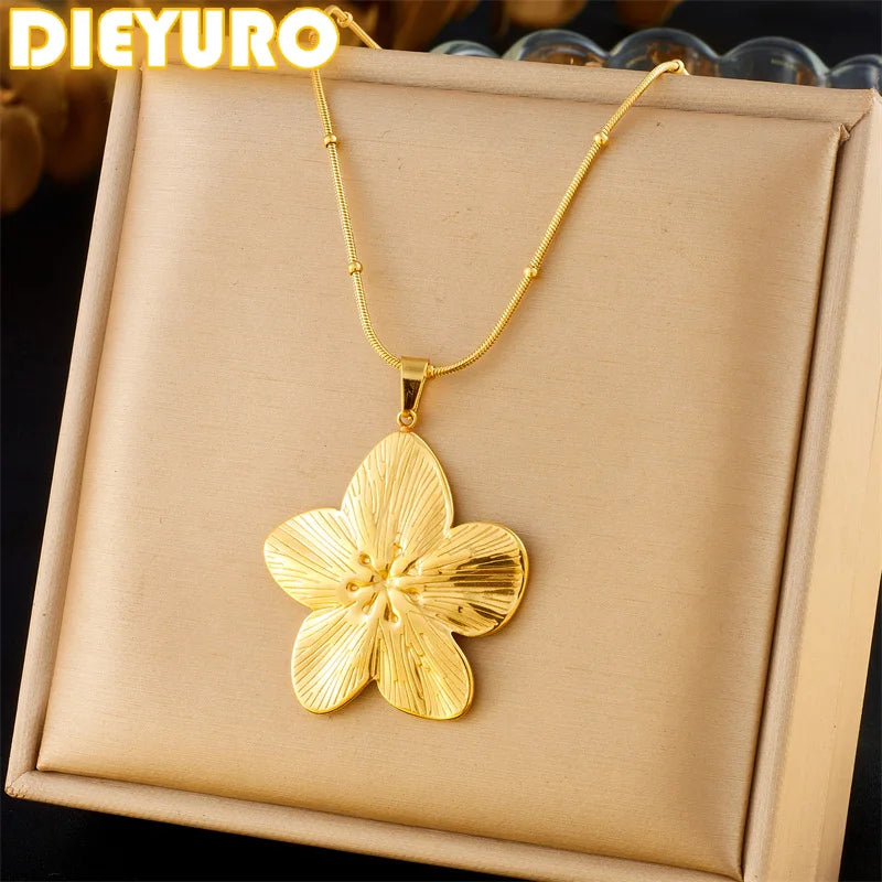 Stainless Steel Five-Leaf Flower Pendant Necklace