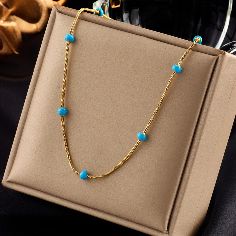 Stainless Steel Snake Necklace with Green Stone & Pearl