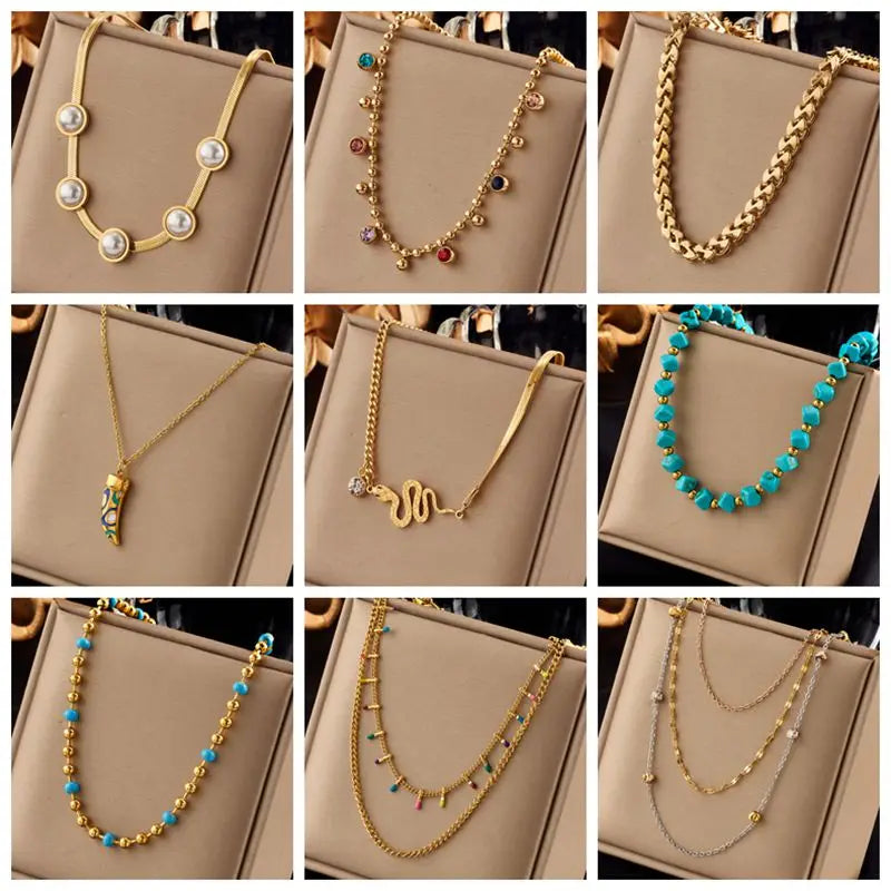 Stainless Steel Snake Necklace with Green Stone & Pearl