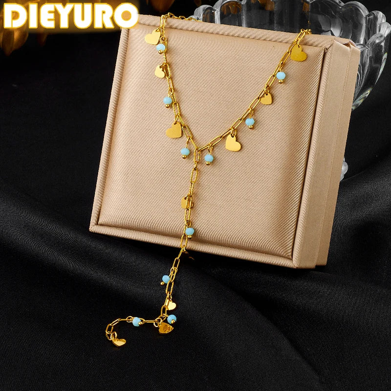 316L Stainless Steel Blue Heart Tassel Pendant Necklace