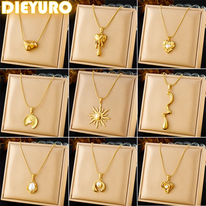 Golden Sun & Pearl Pendant Necklace – Irregular Geometric 316L Stainless Steel