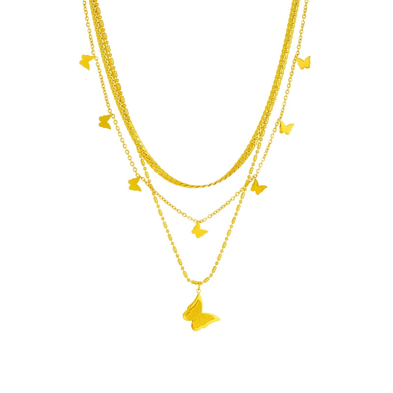 Stainless Steel Gold Multilayer Butterfly Necklace – 3-in-1