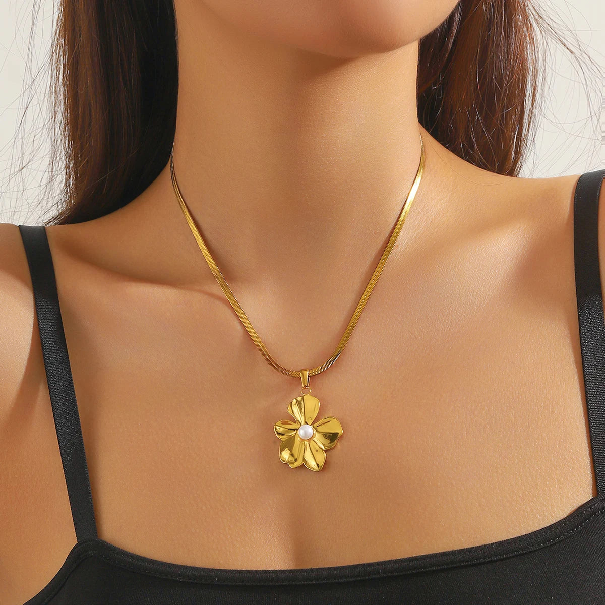 Golden Sun & Pearl Pendant Necklace – Irregular Geometric 316L Stainless Steel