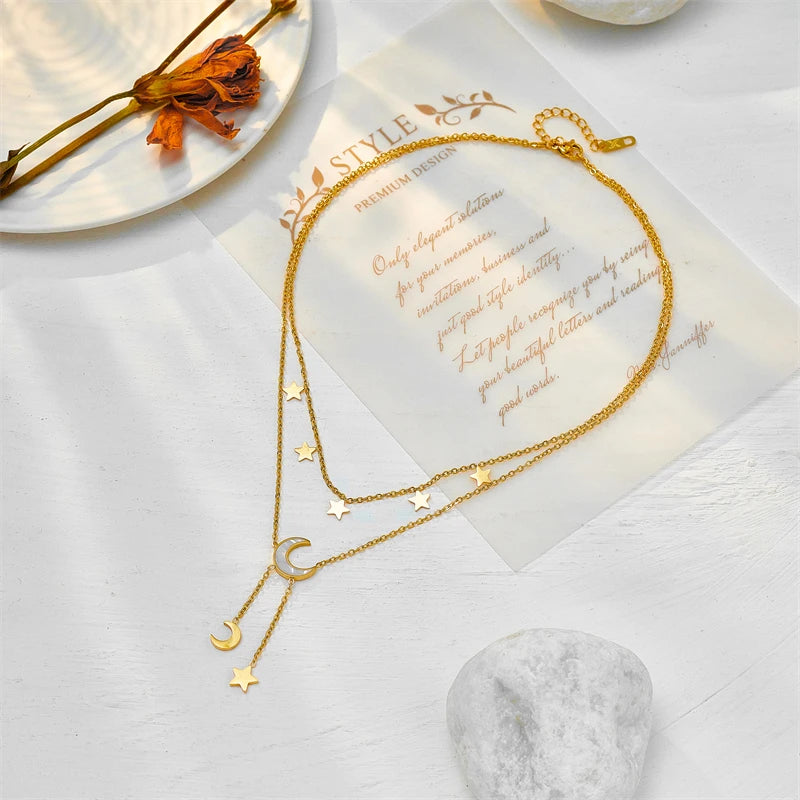 Stainless Steel Star & Moon Pendant Layered Necklace