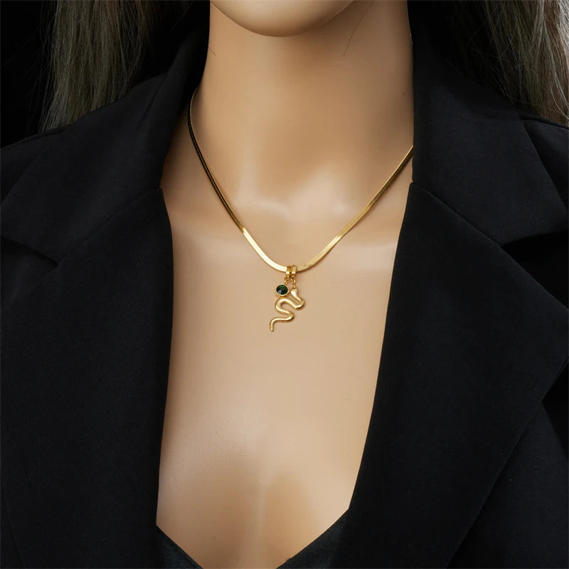 Stainless Steel Green Crystal Snake Pendant Necklace