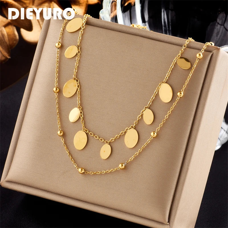 Gold Oval Pendant Necklace – 2-in-1 Layered 316L Stainless Steel