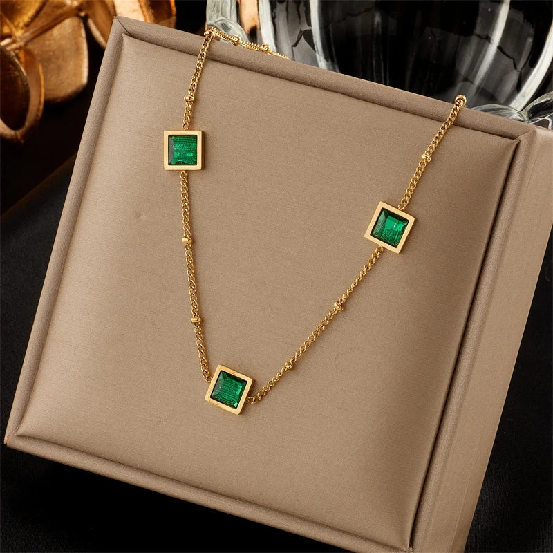 Green Crystal Boho Necklace – 316L Stainless Steel