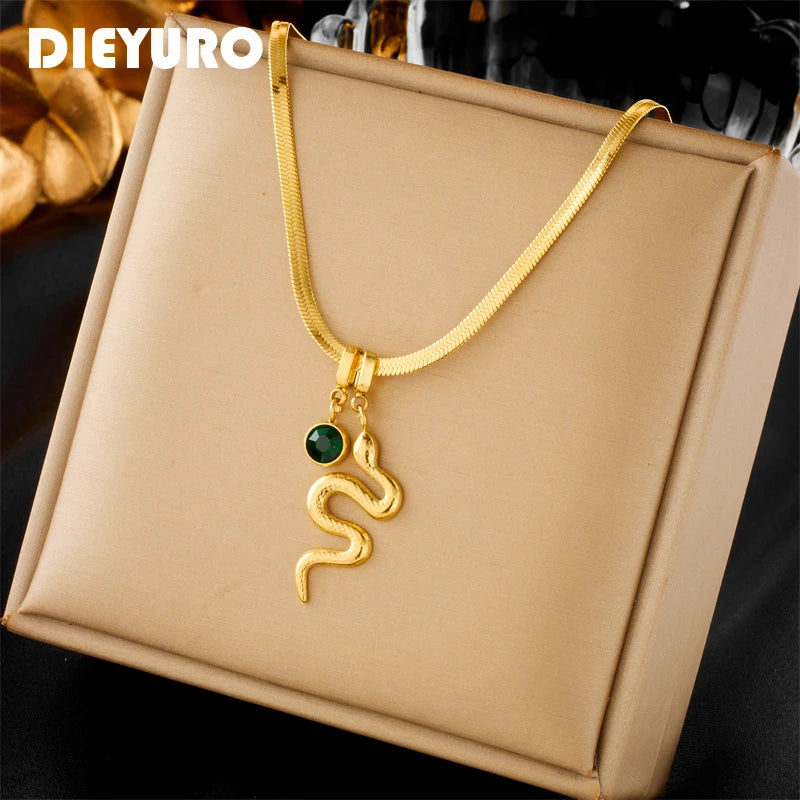 Stainless Steel Green Crystal Snake Pendant Necklace