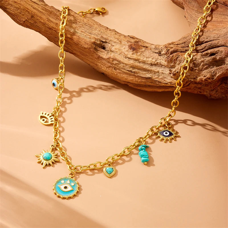 Stainless Steel Turquoise Evil Eye Round Pendant Necklace