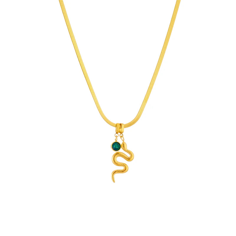 Stainless Steel Green Crystal Snake Pendant Necklace