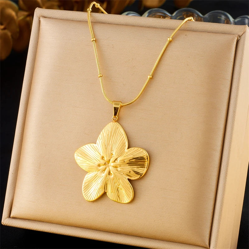 Stainless Steel Five-Leaf Flower Pendant Necklace
