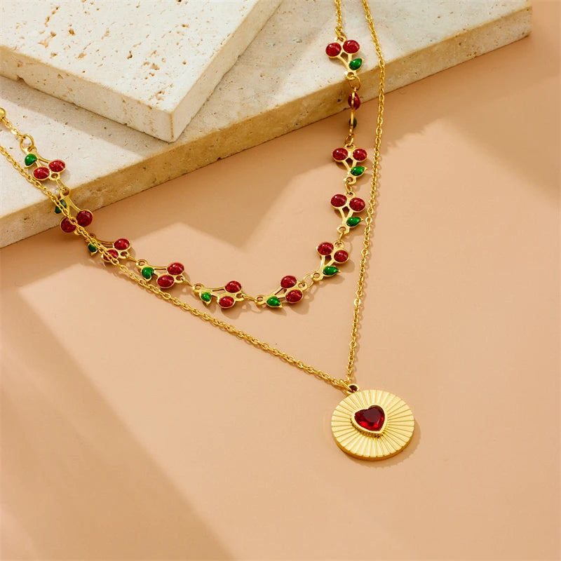 Stainless Steel Double-Layer Cherry & Heart Zircon Necklace