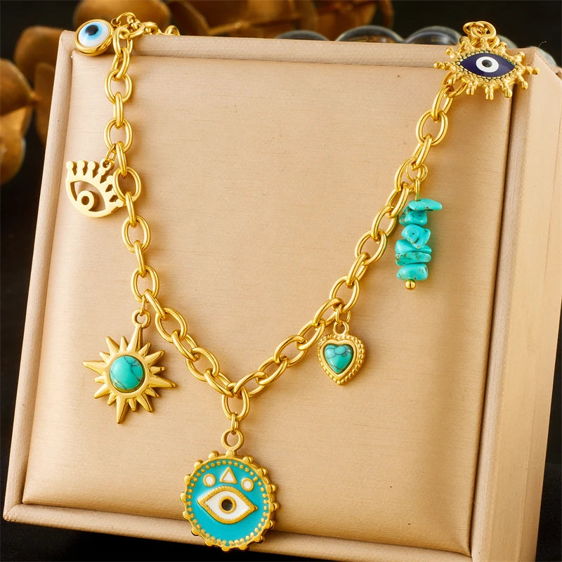 Stainless Steel Turquoise Evil Eye Round Pendant Necklace