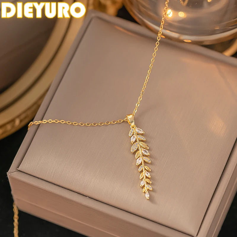 Gold Stainless Steel Leaf & Zircon Pendant Necklace